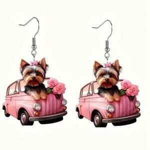 Adorable little doggie in a pink car acrylic earrings